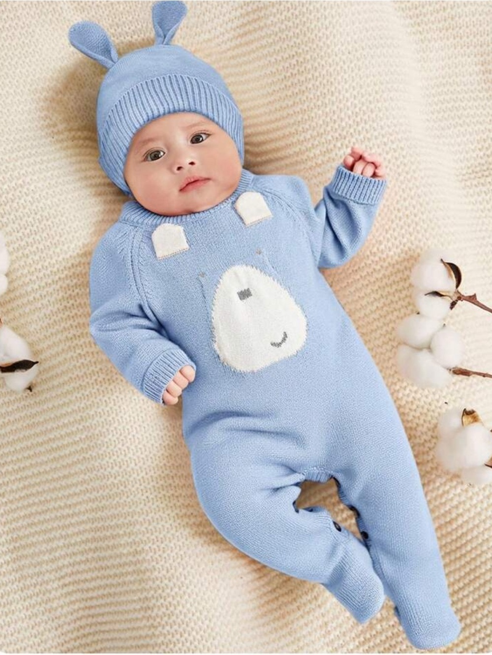 Blue Bear Knit One-Piece with Hat - Baby